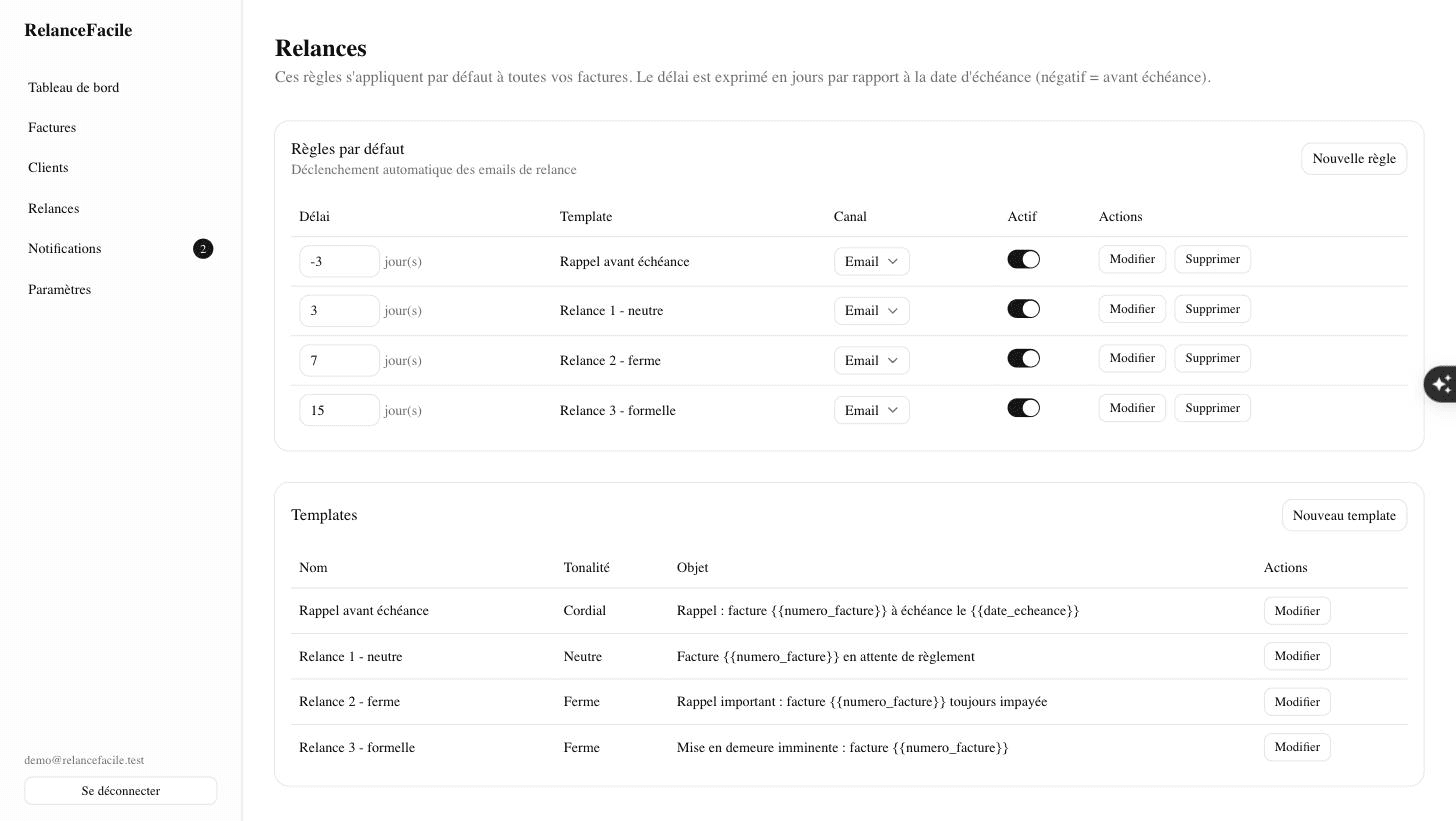 Configuration des règles de relance et des templates dans RelanceFacile